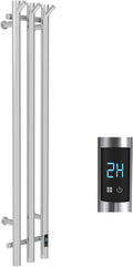 Electric Heated Towel Rack with Timer, Wall-Mounted Towel Warmer, 3 Vertical Bars, Plug-in or Hardwired, 38 Inch Height, Round Design (Silver)
