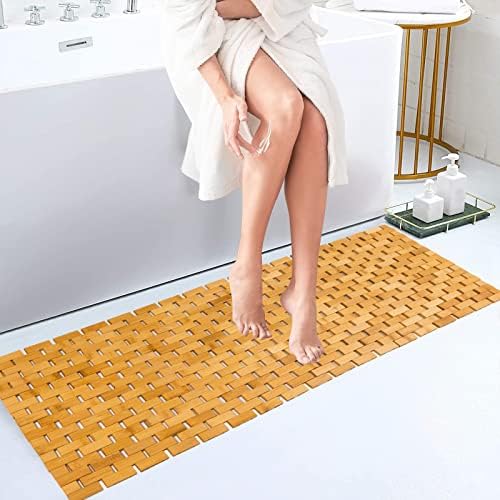 Bambo Bath Mat Bathroom Runner Long Large Rugs Floor Wood Shower Bathtub Waterproof Non Slip Accessories 16x48 Inch Easy to Clean, Natural, 1 pc by Fovlaurs
