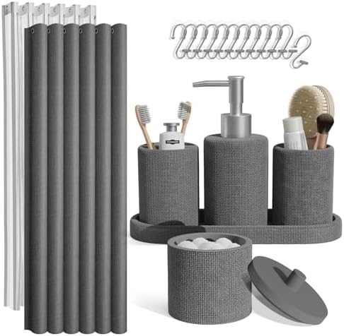 Clara Clark Bathroom Set - Grey Bathroom Accessories Set, 19PC Bathroom Accessory Set, Bathroom Sets with Shower Curtain Set, Soap Dispenser & Toothbrush Holder by ClaraClark