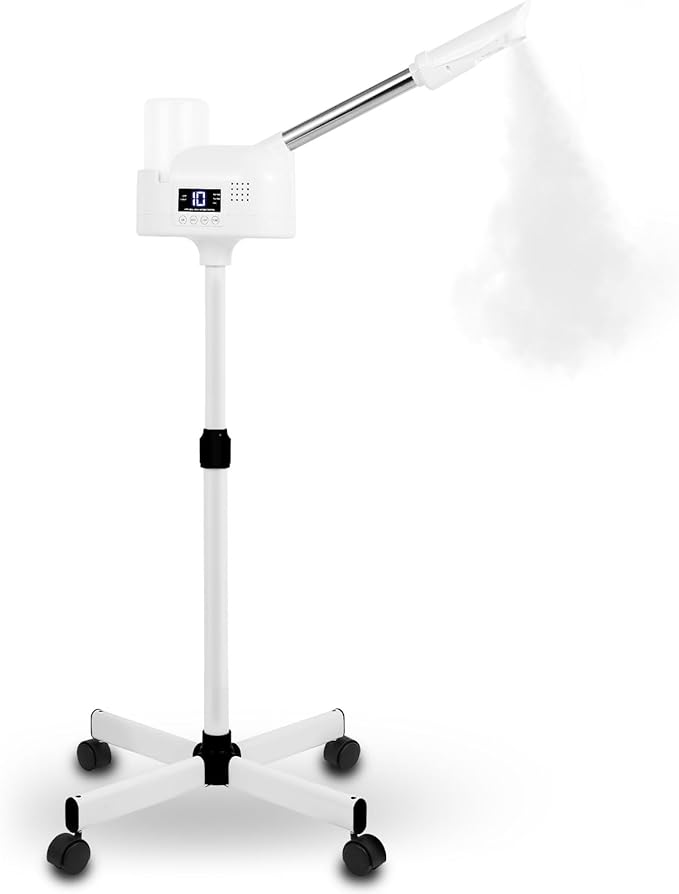 Professional Facial Steamer, Hot Mist Spray, Timer Function for Deep Hydration, Height Adjustable Face Steamer on Wheels and Rotatable Nozzle for Salon Spa Home Use