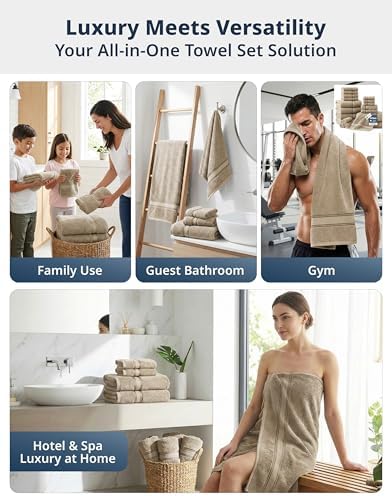 LANE LINEN Bath Towel Set Absorbent Quick Dry 100% Cotton 12 Piece - Taupe - Image 7