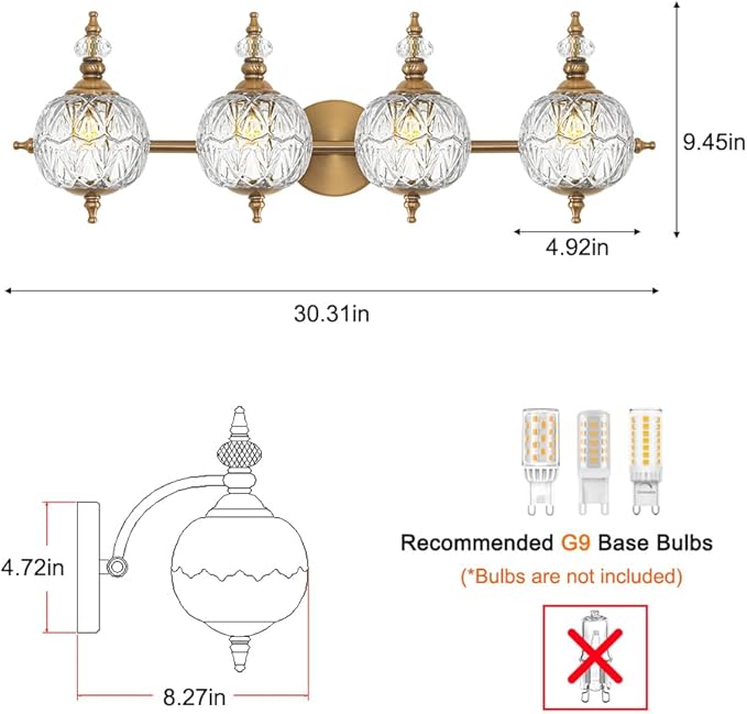 Brushed Gold Bathroom Vanity Light Fixture Vintage Style - 4 Light G9 Bulb Compatible, 30" Wide Bathroom Lighting Over Mirror with Hand-Etched Glass Shades, Easy Mount for Makeup Area