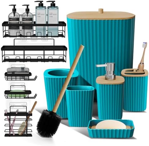 Clara Clark Bathroom Set - Teal Bathroom Accessories Set, 6PC Bathroom Accessory Set, Bathroom Sets with Adhesive Corner Shower Caddy Hanging, Toilet Brush, Trash Can & Soap Dispenser by ClaraClark