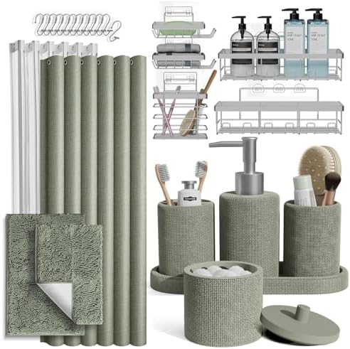 Clara Clark Sage Green Bathroom Set - Bathroom Sets with Shower Curtain and Rugs, 26PC Bathroom Accessory Set, Shower Curtain Set with Adhesive Corner Shower Caddy Hanging & Soap Dispenser by ClaraClark