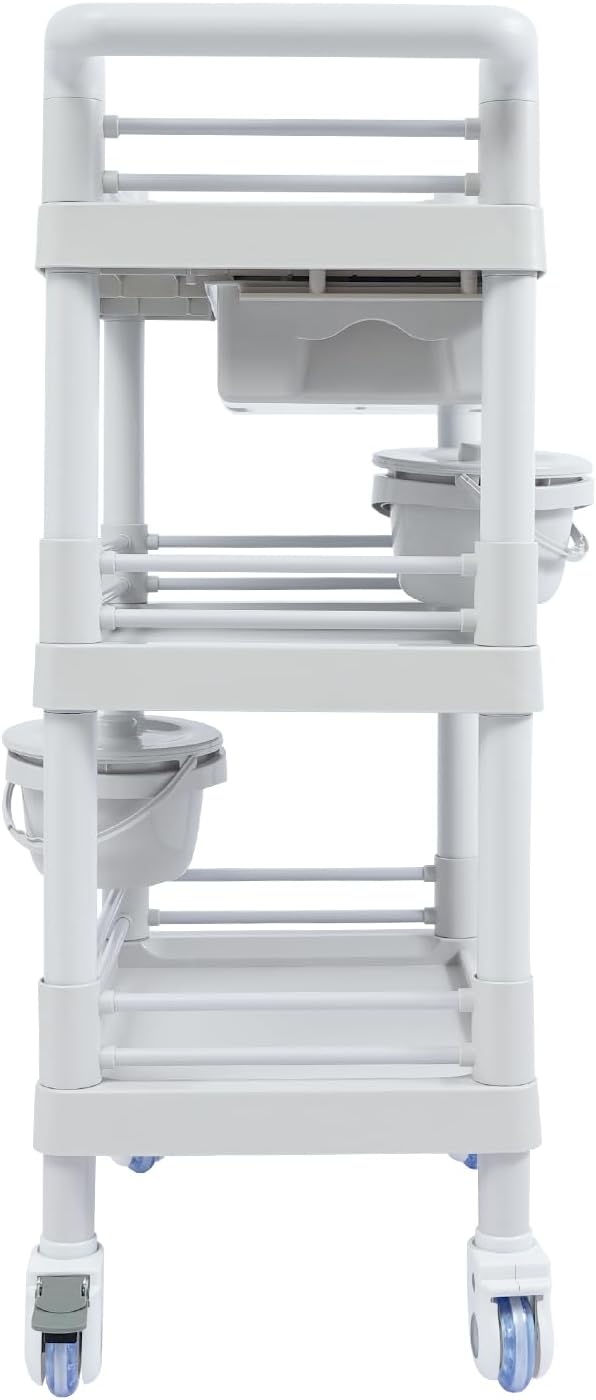 Salon Storage Cart, 3 Tier Rolling Beauty Organizer with 2 Garbage Baskets & 1 Drawer, 80kg/176.37lbs Capacity, Movable Storage Trolley for Beauty Salon SPA (Grayish-White)