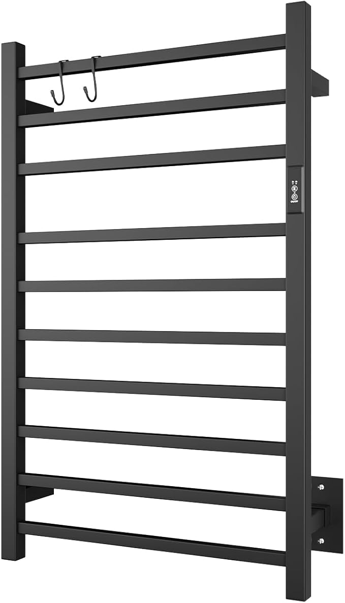 Wall Mounted Towel Warmer Square 10 Bars with Plug-in and Hardwired Options 3 Working Modes Black Stainless Steel 21" W 34" H