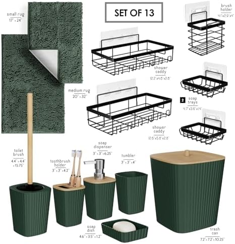 Clara Clark Bathroom Set - Hunter Green Bathroom Accessories Set, 6PC Bathroom Accessory Set, Bathroom Sets with Bathroom Rugs, Adhesive Corner Shower Caddy Hanging, Toilet Brush & Trash Can - Image 2