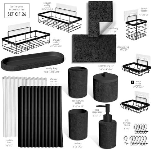 Clara Clark Black Bathroom Set - Bathroom Sets with Shower Curtain and Rugs, 26PC Bathroom Accessory Set, Shower Curtain Set with Adhesive Corner Shower Caddy Hanging & Soap Dispenser - Image 2