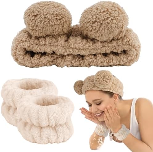 AHONEY Spa Bear Ears Headband Face Wash Headband and Wristband Set Skincare - Image 6