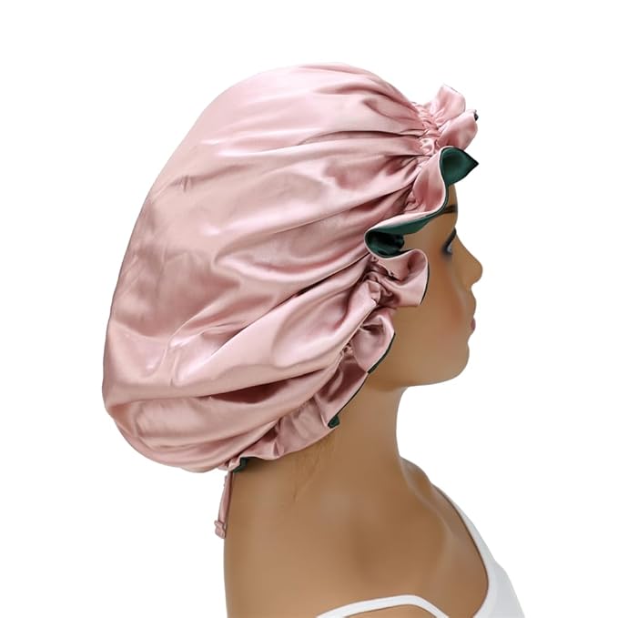 Adjustable Silk Satin Bonnet Hair Care Caps for Women Girls Loose-fitting Reversible Sleeping Cap Shower Caps Hair Wrap Bonnets (003 Spruce/Blush)