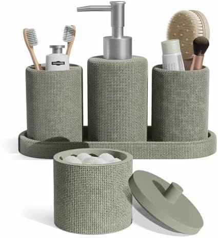 Clara Clark Bathroom Set - Sage Green Bathroom Accessories Set, 5PC Bathroom Accessory Set, Bathroom Sets with Soap Dispenser, Toothbrush Holder, Tumbler, Cotton Swab Jar & Vanity Tray by ClaraClark