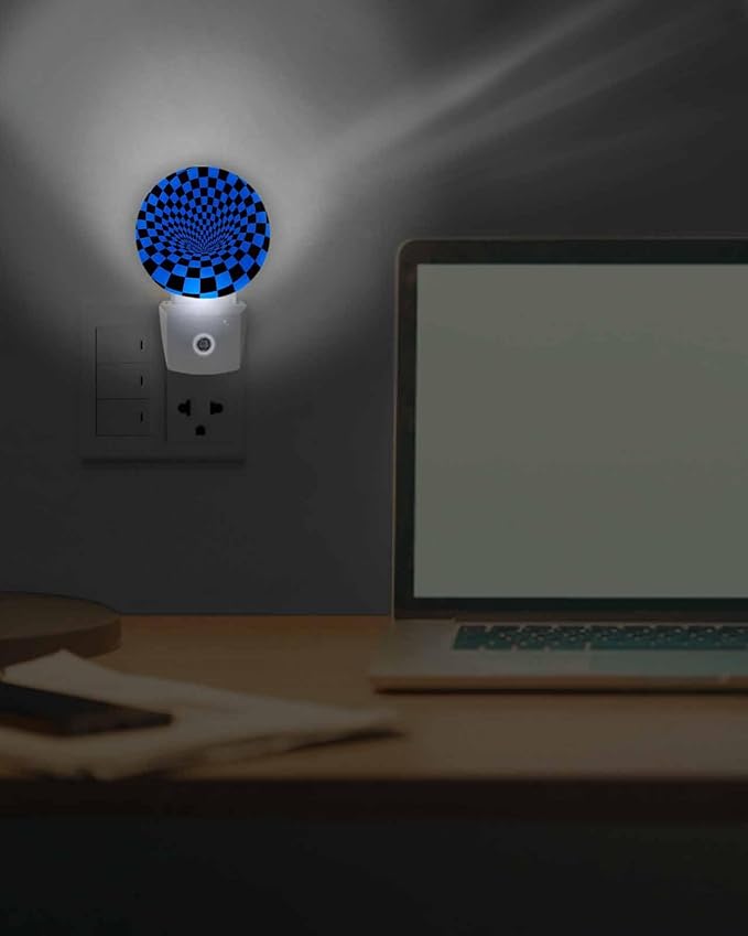Night Lights Auto Sensor Blue Black Checker Night Light 3D Abstract Mosaic Tiles Round Lamp Plug-in LED Nightlights Dusk to Dawn for Living Room Bedroom Bathroom Hallway Wall Decor