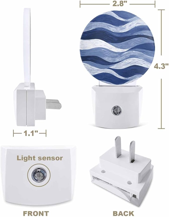 Night Lights Auto Sensor Navy Blue Ocean Waves Night Light Abstract Mountain Stripes Round Lamp Plug-in LED Nightlights Dusk to Dawn for Living Room Bedroom Bathroom Hallway Wall Decor