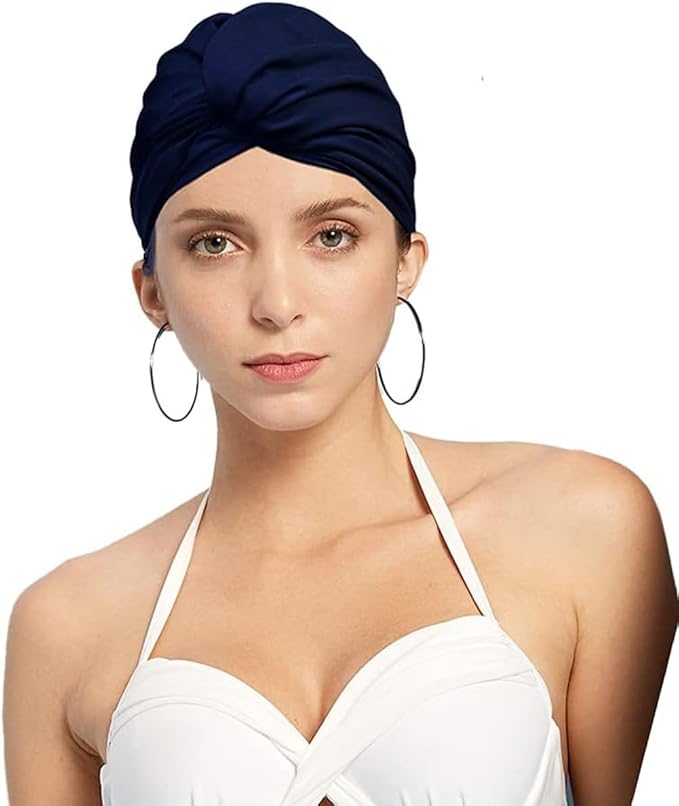 Pleated Fabric Swimming Cap Women Ladies Long Hair Swim Cap Ear Protecting Bathing Cap Elastic Polyester Turban Swim Hat Shower Cap for Beach Spa Non Waterproof, Twisted Beanie Cap Sleep Hat