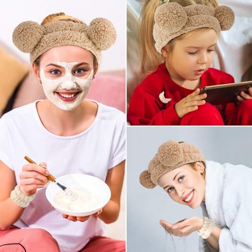 AHONEY Spa Bear Ears Headband Face Wash Headband and Wristband Set Skincare - Image 7