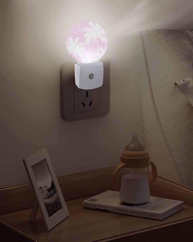 Night Lights Auto Sensor Tropical Palm Trees Night Light Peach Pink Linen Coastal Round Lamp Plug-in LED Nightlights Dusk to Dawn for Living Room Bedroom Bathroom Hallway Wall Decor