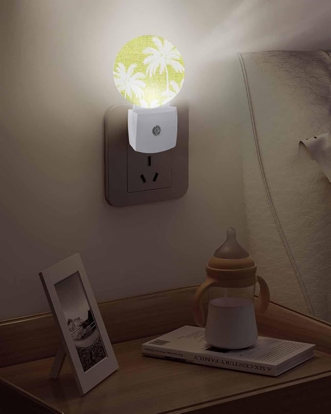 Night Lights Auto Sensor Tropical Palm Trees Night Light Lemon Yellow Linen Coastal Round Lamp Plug-in LED Nightlights Dusk to Dawn for Living Room Bedroom Bathroom Hallway Wall Decor