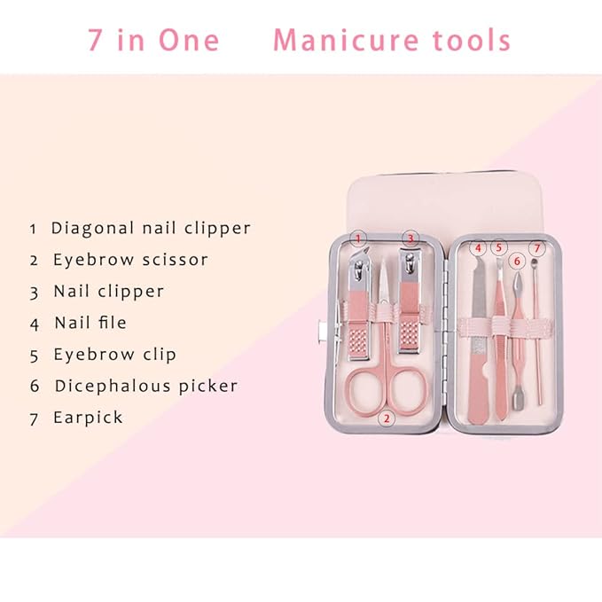 Pink Manicure Set Beauty Tool Portable - Nail Clipper Pedicure Grooming Kit Stainless Steel 7 in 1 Luxury Leather Travel Case, for Woman Girl Home Travel Gift Giving