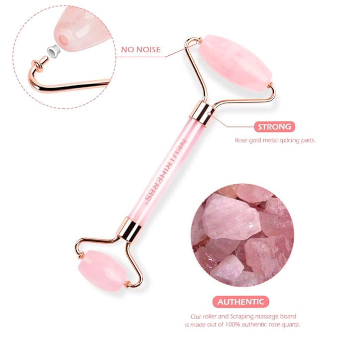 NEUTRIHERBS Jade Gua Sha & Face Roller & Vitamin C Serum Facial Tool Set(3 in 1 Kit), Home Face Massager for Wrinkle,Fine Line,Puffiness,Firm Smooth Relax Skin -- Pink