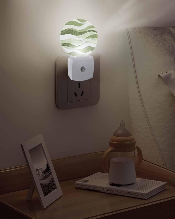 Night Lights Auto Sensor Green Ocean Waves Night Light Abstract Mountain Stripes Round Lamp Plug-in LED Nightlights Dusk to Dawn for Living Room Bedroom Bathroom Hallway Wall Decor