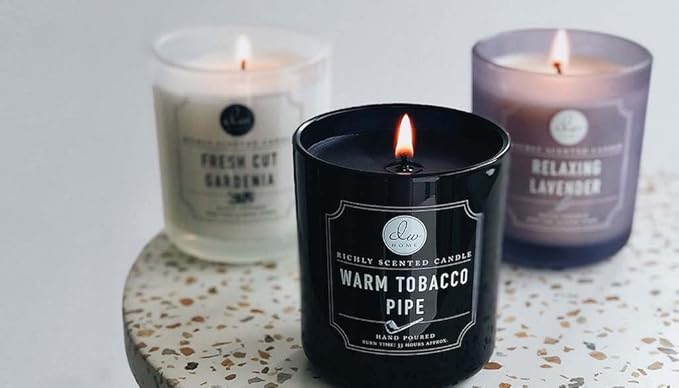 DW Home Warm Tobacco Pipe Scented Candles, 9 oz Single Wick Medium Jar, Up to 33 Hour Burn Time, Hand-Poured, Strong Long Lasting Woodsy Fragrance, Gifts for Men & Women