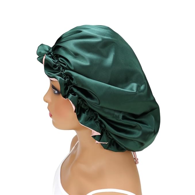 Adjustable Silk Satin Bonnet Hair Care Caps for Women Girls Loose-fitting Reversible Sleeping Cap Shower Caps Hair Wrap Bonnets (003 Spruce/Blush)