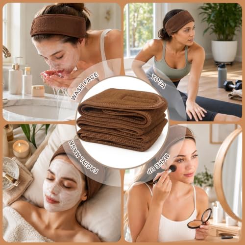 Whaline 4Pcs Spa Facial Headbands Make Up Wrap Head Terry Cloth Headband Soft Adjustable Towel Band for Face Washing Shower Facial Cover Yoga (Coffee) - Image 7