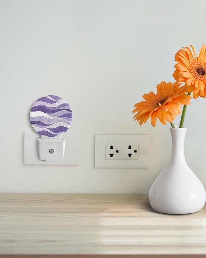 Night Lights Auto Sensor Lavender Purple Ocean Waves Night Light Abstract Mountain Stripes Round Lamp Plug-in LED Nightlights Dusk to Dawn for Living Room Bedroom Bathroom Hallway Wall Decor