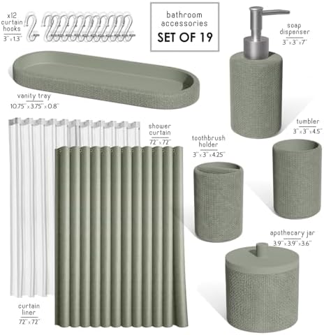 Clara Clark Sage Green Bathroom Set - Bathroom Accessories Set, 19PC Bathroom Accessory Set, Bathroom Sets with Shower Curtain Set, Soap Dispenser & Toothbrush Holder - Image 2