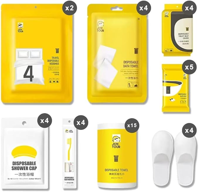 48pcs Disposable Travel Set: Bed Sheet*2 Duvet Cover*2 Pillow case*4 Bath Towels*4 Shower Caps*4 Plastic Bathtub Bag*5 Toilet Seat Covers*4 Compression face Towel*15 Toothbrushes*4 Slippers*4