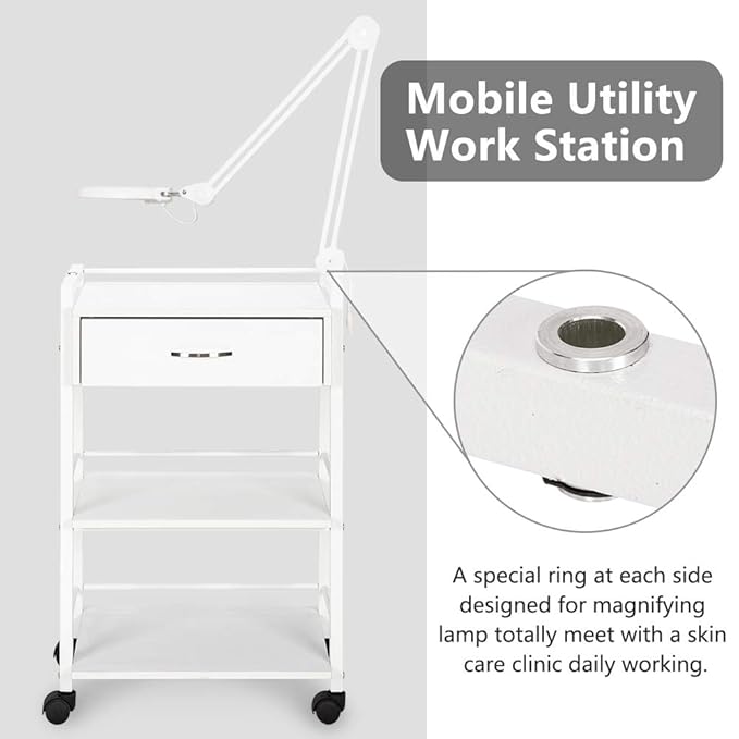 Salon Trolley Cart with Wheels, Wooden Rolling Storage Station, Mobile Utility Cabinet with 1 Drawer 2 Trays, Medical Esthetic Supply for Beauty SPA Massage Tattoo Facials, White