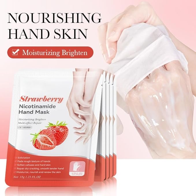 6-Pack Strawberry Nicotinamide Hand & Foot Mask (3 Hand/3 Foot,) - Home Spa Experience with PAS for Hands & Feet - Hydrating & Moisturizing, Strawberry Scent for Dry Rough Skin