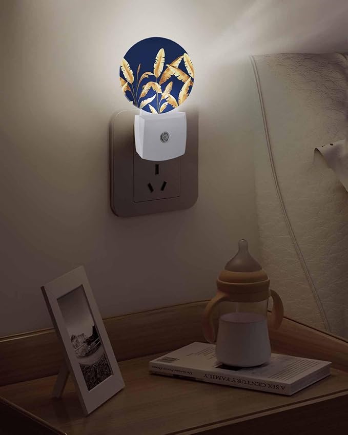 Night Lights Auto Sensor Golden Foliage Night Light Navy Blue Minimalist Leaf Round Lamp Plug-in LED Nightlights Dusk to Dawn for Living Room Bedroom Bathroom Hallway Wall Decor