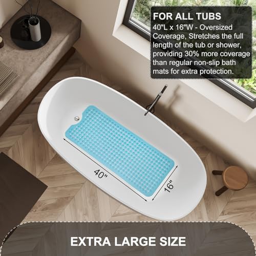TEESHLY Bath Tub and Shower Mats, Non Slip 40 x 16 Inch Extra Large Bathtub Mat, Machine Washable Bathmat with Drain Holes, Suction Cups for Bathroom Floor, Clear Blue - Image 5