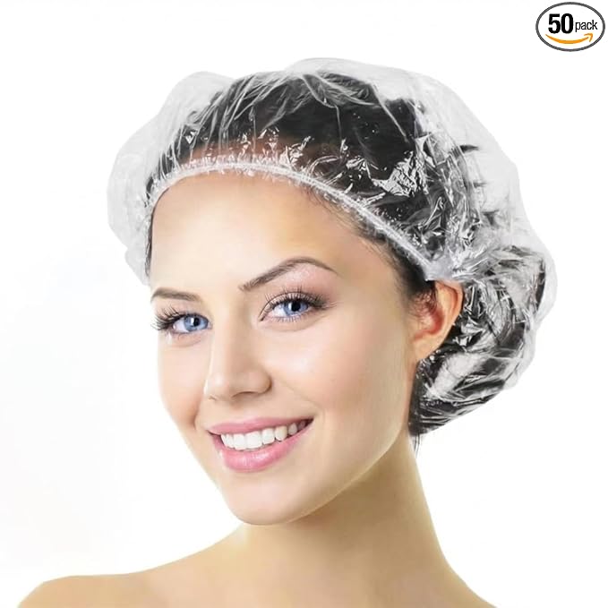 Aquior Shower Cap Disposable, 50 PCS Bath Caps Larger Thick Clear Waterproof Plastic Elastic Hair Bath Caps for Women, Hotel Travel Essentials Accessories Deep Conditioning Hair Care Cleaning Supplies