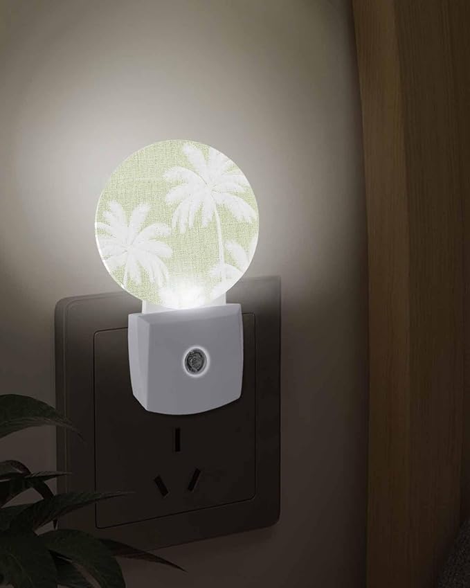 Night Lights Auto Sensor Tropical Palm Trees Night Light Sage Green Linen Coastal Round Lamp Plug-in LED Nightlights Dusk to Dawn for Living Room Bedroom Bathroom Hallway Wall Decor