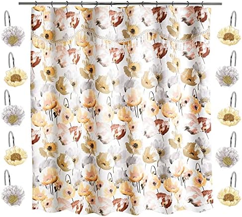Zahari Home 13pc Poppy Fields Bathroom Shower Curtain Set Yellow Shower Curtain & 12 Shower Curtain Hooks Luxury Contemporary Colorful Shower Curtain Unique Design Stylish Shower Curtain Set by ZahariHome