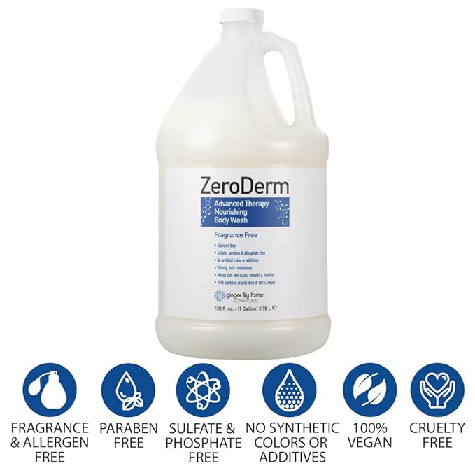 Ginger Lily Farms Botanicals ZeroDerm Advanced Therapy Nourishing Body Wash, 100% Vegan & Cruelty-Free, Fragrance Free, 1 Gallon Refill (Pack of 4)
