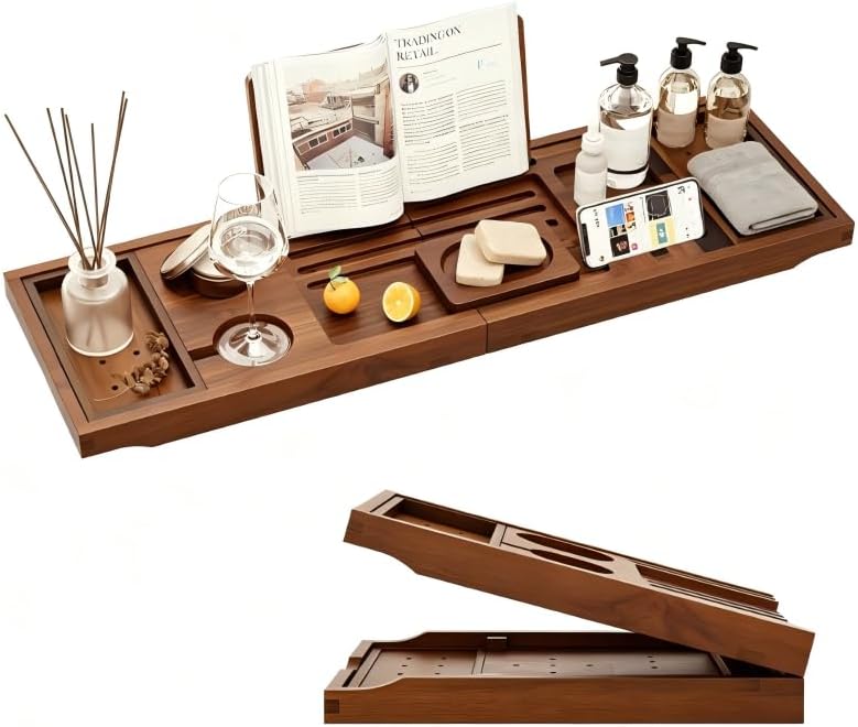 Expandable Solid Teak Wood Bathtub Caddy Tray, Adjustable Bath Tub Organizer for Bathroom Spa, Luxury Bath Accessories (Walnut Stained Bamboo, Foldable) by KiasthomeModernFurniture