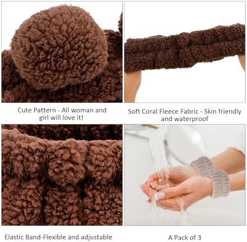 AHONEY Spa Bear Ears Headband, Face Wash Headband and Wristband Set, Cute Makeup Skincare Headbands Wrist Bands for Washing Face for Women Girls Elastic Hair Band (Brown) - Image 5