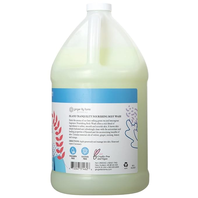 Ginger Lily Farms Botanicals Nourishing Body Wash, Island Tranquility, 100% Vegan & Cruelty-Free, Green Tea Lemongrass Scent, 1 Gallon Refill (128 fl. oz.) (Pack of 2)