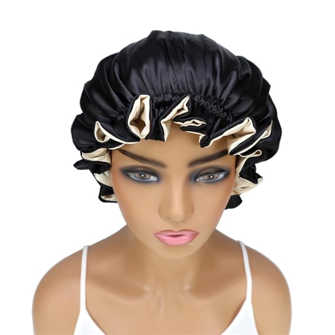 Adjustable Silk Satin Bonnet Hair Care Caps for Women Girls Loose-fitting Reversible Sleeping Cap Shower Caps Hair Wrap Bonnets (004 Black/Beige)