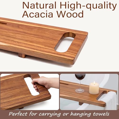 Adjustable Acacia Wood Bathtub Tray Caddy, 39" L with Handles - Image 4