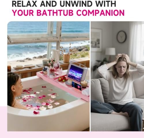 Foldable Bathtub Tray Caddy with Soap Dish Adjustable 29.5-43'' Pink - Image 3
