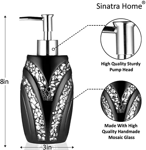 Zahari Home 4pc Sinatra Stylish Bathroom Accessories Set Black Soap Dispenser/Lotion Pump, Tumbler, Tooth Brush Holder and Soap Dish Modern Luxury Decor Bling Mosaic Glass Black Bathroom Accessories - Image 2