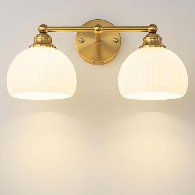 GoYeel Bathroom Vanity Light Fixtures, 2 Light Bathroom Lights Over Mirror Vintage Gold Antique Restroom Light Fixture with Milk White Glass Shade for Bathroom, E26 Base