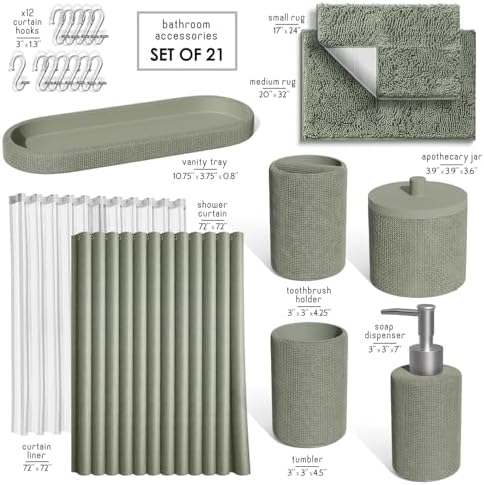 Clara Clark Sage Green Bathroom Set - Bathroom Sets with Shower Curtain and Rugs, 21PC Bathroom Accessory Set, Shower Curtain Set with Soap Dispenser & Toothbrush Holder - Image 2
