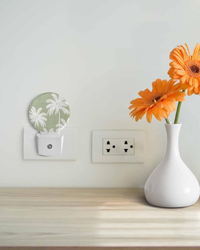 Night Lights Auto Sensor Tropical Palm Trees Night Light Sage Green Linen Coastal Round Lamp Plug-in LED Nightlights Dusk to Dawn for Living Room Bedroom Bathroom Hallway Wall Decor