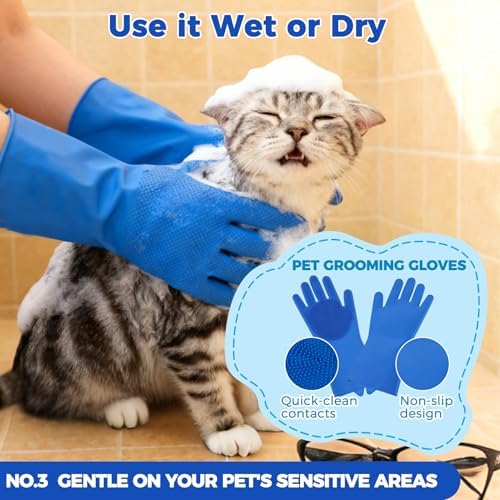 PAWCHIE Bath Grooming Kit for Pets, 9 PCS Hair Brush Set with Towel,Washing Gloves,Bath Brush and Adjustable Handle Shampoo Brush & Scrubber for Short Long Haired Dogs and Cats,Dog Bath Supplies,Blue - Image 4