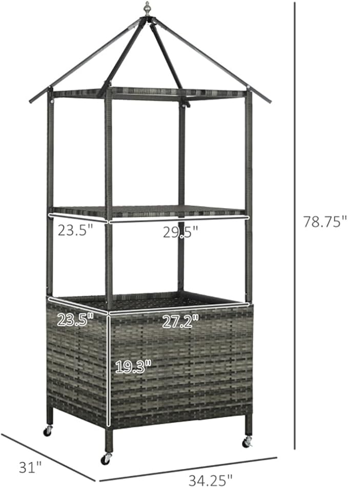 Pool Towel Valet Caddy with Canopy Cover, Hand-Woven PE Rattan Storage Organizer with Wheels, Shelf & Basket for Pool, Patio, Bathroom, Spa - Dark Gray Wicker & Gray Fabric, Assembly Required